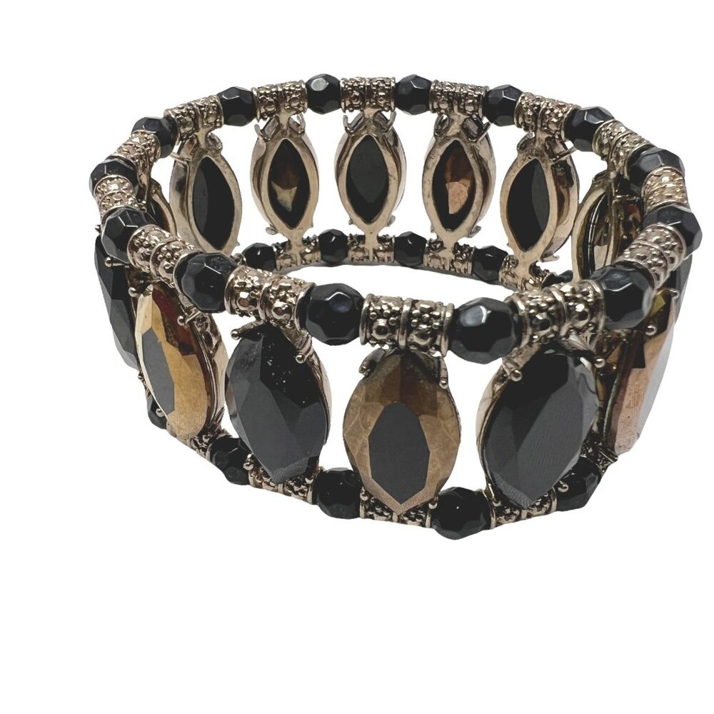 Gold Black Bracelet Beaded Stretch Prong Set Elegant‎ Marquise Shape
